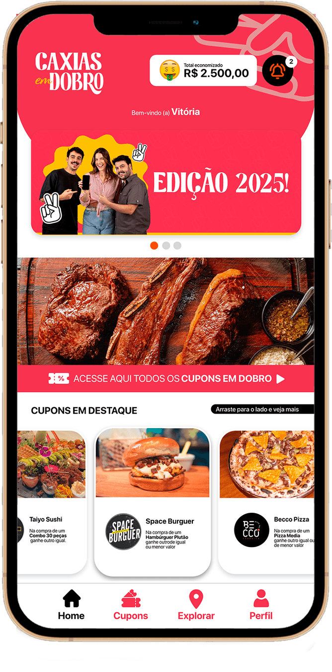 App Caxias em Dobro: tela inicial, mapa interativo e lista de cupons